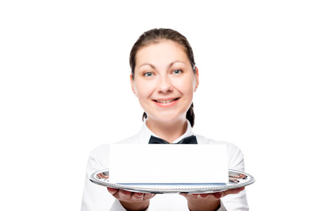 happy 30-year-old waitress with a tray on a white background