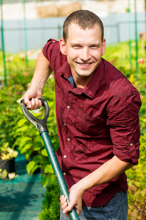 active gardener digging shovel in a greenhouseの写真素材