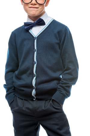 boy in school uniform with snow color on white backgroundの写真素材