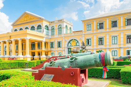 Ministry of Defence architecture in yellow, in a cannon park in Bangkokのeditorial素材
