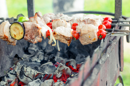 appetizing tasty shish kebab on skewers on grill over coalsの写真素材