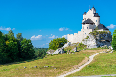 Bobolice, Poland - August 13, 2017: Poland's landmark medieval castle Bobolice against the blue skyのeditorial素材