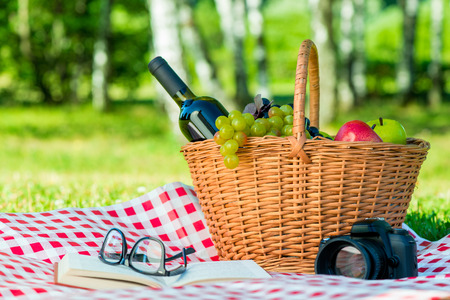 basket full of fruit and a bottle of wine on a tablecloth on a sunny day in the parkの写真素材