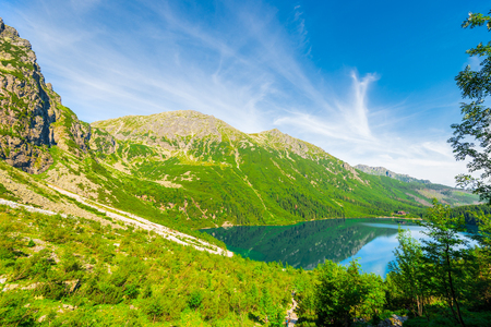 Beautiful view from the mountain to the Morskie Oko lake in Poland, Zakopaneの写真素材