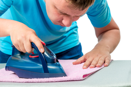 centered man ironed towel, portrait isolatedの写真素材