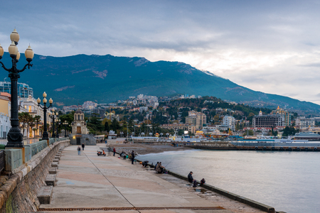Embankment of the resort Yalta in the autumn afternoon, Crimea, Russiaの写真素材