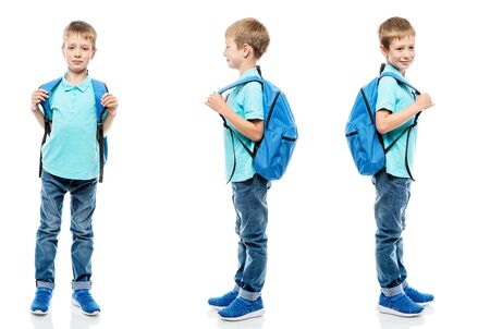 Schoolboy with a backpack on a white background in different poses portrait in a row isolatedの写真素材