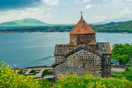 View from the hill to the monastery Sevanavank, Lake Sevan and the city of Sevan, the sights of Armeniaの写真素材