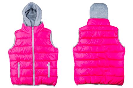 pink vest with a hood front and back view on a white background is insulatedの写真素材