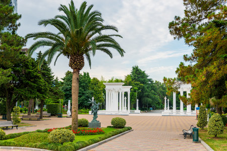 Trees and flowers in the park on the boulevard in Batumi.の写真素材