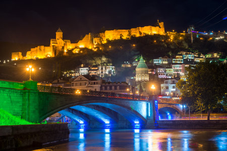 Night view on the Narikala fortress in Tbilisi, Georgiaのeditorial素材
