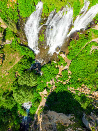 Shaki waterfall, picturesque view on a sunny day - top view, Armeniaの写真素材