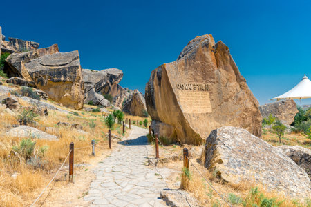 park reserve Gobustan in Azerbaijan with ancient rock petroglyphsの写真素材