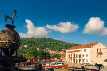 Sculpture by a jug for wine in the center of Sighnaghi, Georgiaのeditorial素材