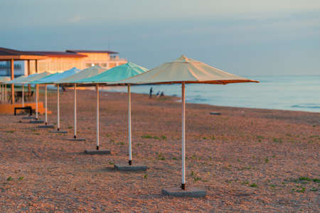 Row of beach umbrellas on a sandy beach by the sea in the morningの写真素材