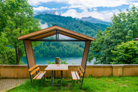 Tent for picnic on the beautiful blue lake near Ganja, Azerbaijanの写真素材