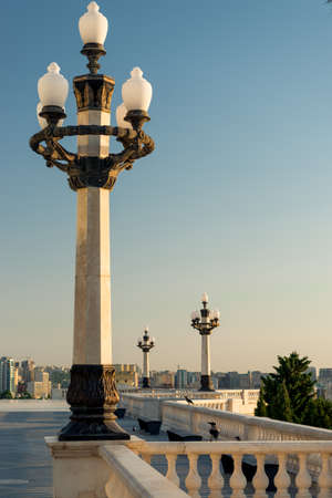 Beautiful marble balustrade with panoramic view on the city center, Baku, Azerbaijan