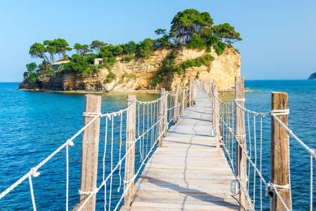 View of the wooden bridge to Agios Sostis island, Zakynthosの写真素材