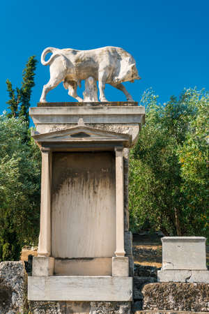 Statue of Bull in archaeological site of Kerameikos, the cemetery of ancient Athens in Greeceの写真素材