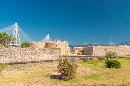 Scenic view of Venecian fortress Rio castle in Greece, near Rio-Antirio Bridge crossing Corinth Gulf strait, Peloponnese, Greeceの写真素材