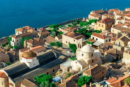 Romantic fortified greek village on rock island Monemvasia, Peloponnese, Greeceの写真素材