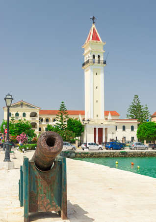 Agios Dionisios (Saint Denis) Church and the soaring bell tower, the largest church in Zakynthos Town located along the seashore of Zakynthosの写真素材