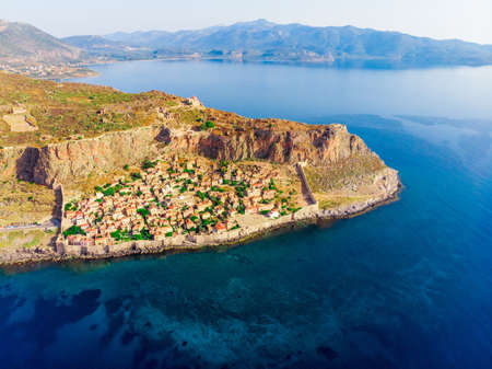 view from above of fortified greek village on rock island Monemvasia, Peloponnese, Greeceの写真素材
