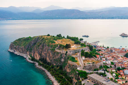 Panoramic view the fortress of Palamidi, scenery of Bourtzi castle at Nafplio town Greece, Peloponneseの写真素材