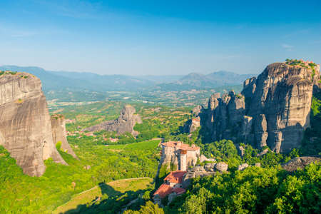 beautiful complex of Meteora monasteries built on rocks, Thessaly, Greeceの写真素材