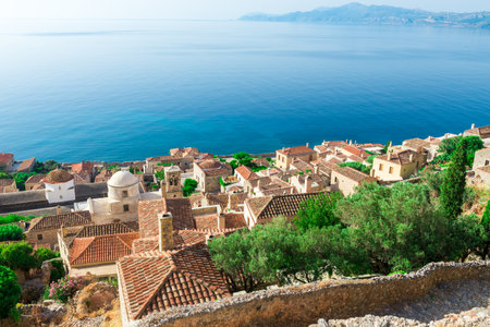 Romantic fortified greek village on rock island Monemvasia, Peloponnese, Greeceの写真素材