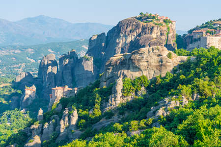 beautiful complex of Meteora monasteries built on rocks, Thessaly, Greeceの写真素材