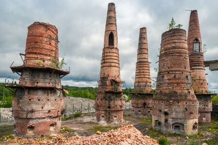 Old brick pipes of abandoned marble factory in Ruskeala, Karelia republic, Russiaの写真素材