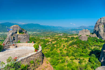 beautiful complex of Meteora monasteries built on rocks, Thessaly, Greeceの写真素材