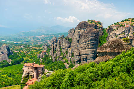 beautiful complex of Meteora monasteries built on rocks, Thessaly, Greeceの写真素材