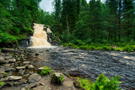 Yukankoski waterfall (White bridges) on the river Kulismayoki, Russia, Kareliaの写真素材