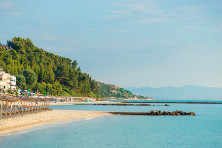 rocky coast of greek island and sea view, landscape greece view from boatの写真素材