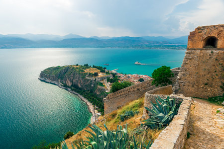 Panoramic view the fortress of Palamidi, scenery of Bourtzi castle at Nafplio town Greece, Peloponneseのeditorial素材