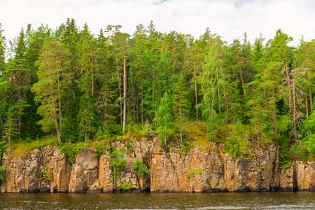 North Karelia lake, Russian wild nature. Forest growing on the stonesの写真素材