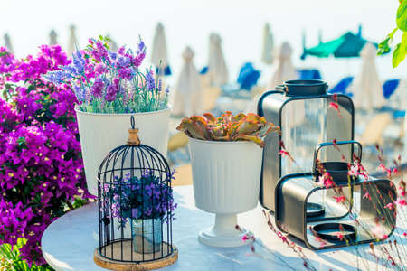 Decorative cage, candlesticks and flowers on the table in the streetの写真素材