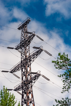A shot of high voltage electric transmission tower, also known as electricity pylonの写真素材