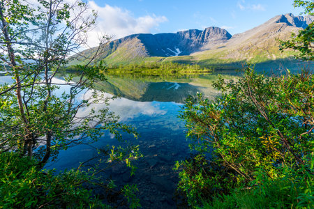 Panoramic view of the lake in the mountainsの写真素材