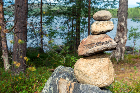 Pyramid of stones, stone seeds. Nature of Kareliaの写真素材