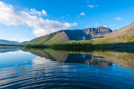 Panoramic view of the lake in the mountainsの写真素材