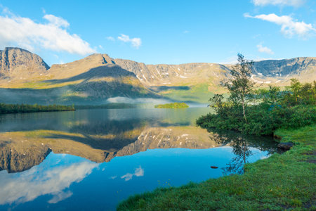Panoramic view of the lake in the mountainsの写真素材