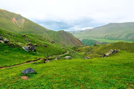 Dramatic scenic view of green mountains with lush grassの写真素材