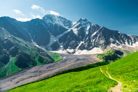 Picturesque view of the glacier seven with a tourist trail in sunny weatherの写真素材