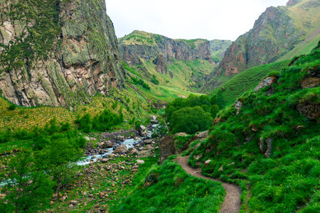 Beautiful mountain landscape of the rocky gorge of the mountain turbulent river Malka. Caucasus Mountainsの写真素材