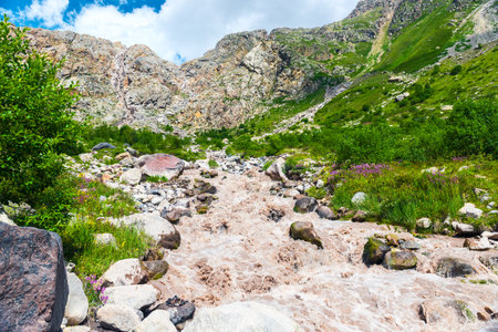 A stormy dirty stream of a rocky mountain river high in the mountains. Caucasus, Elbrus region.の写真素材