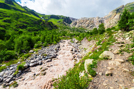 Picturesque mountain landscape of the valley of the mountain river Terskol. Caucasus, Elbrus region.の写真素材