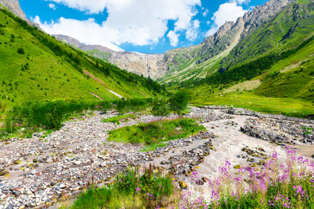 Picturesque mountain landscape of the valley of the mountain river Terskol. Caucasus, Elbrus region.の写真素材